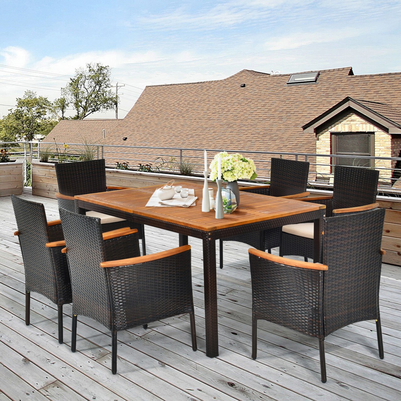 7Pcs Rattan Outdoor Dining Set Patio Furniture Set W/ Cushions Umbrella Hole